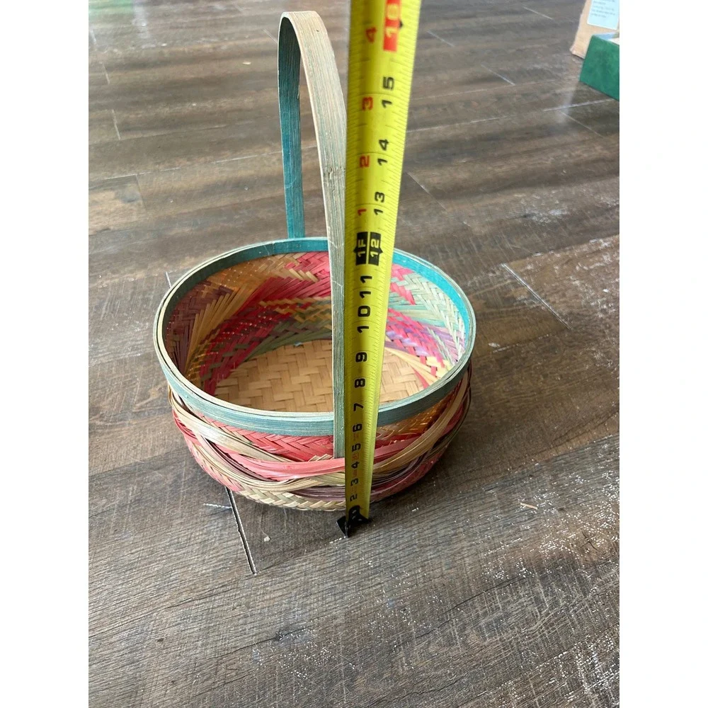 Vintage Style Woven Bamboo Basket Round Multi Color Pink Teal Braided Detail 11i